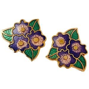 Vintage Cloisonne Floral Stud Earrings Purple Green Enamel Gold Tone Colorful